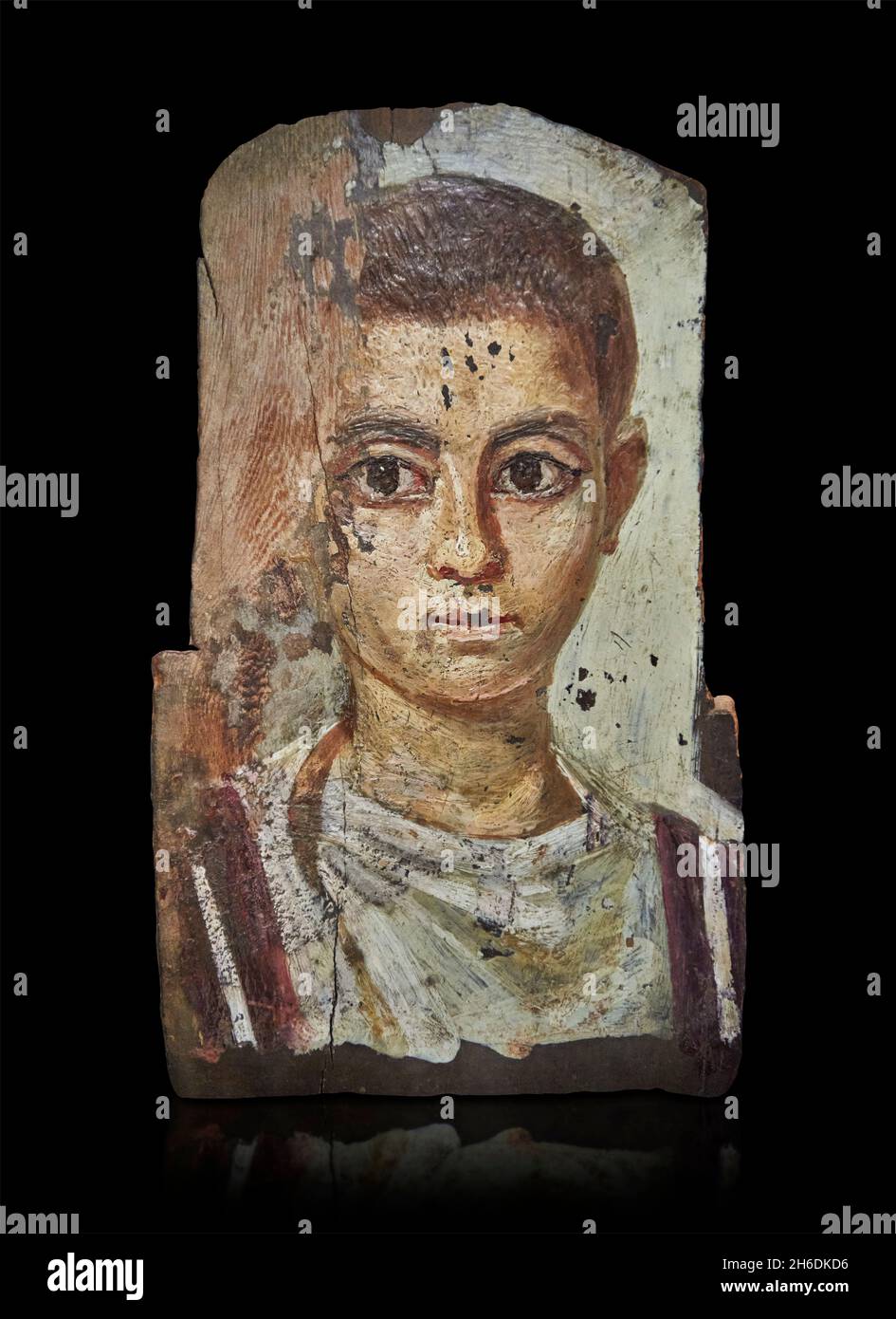 Porträt der römisch-ägyptischen Mumie, 100 - 199 n. Chr., Antinopolis. Louvre Museum E 12570. Mama Porträt eines jungen Mannes, kurze Haare und Tunika. Das Portr Stockfoto