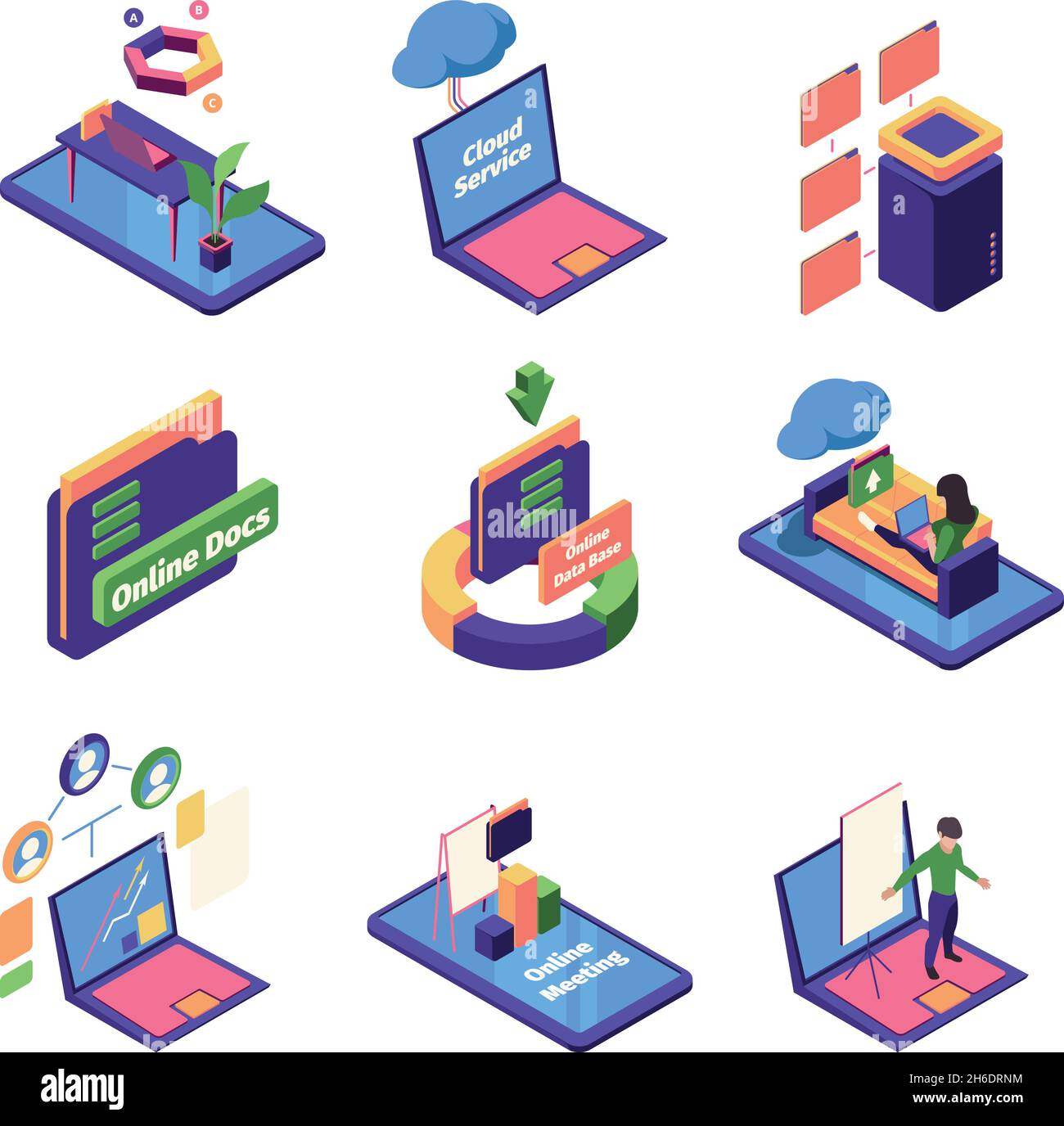 Digitale Remote-Ordner. Fernüberwachung von Rechenzentren in Geschäftsbüros, die Webservices mit grellen Vektorgrafiken und isometrischen Farben nutzen Stock Vektor