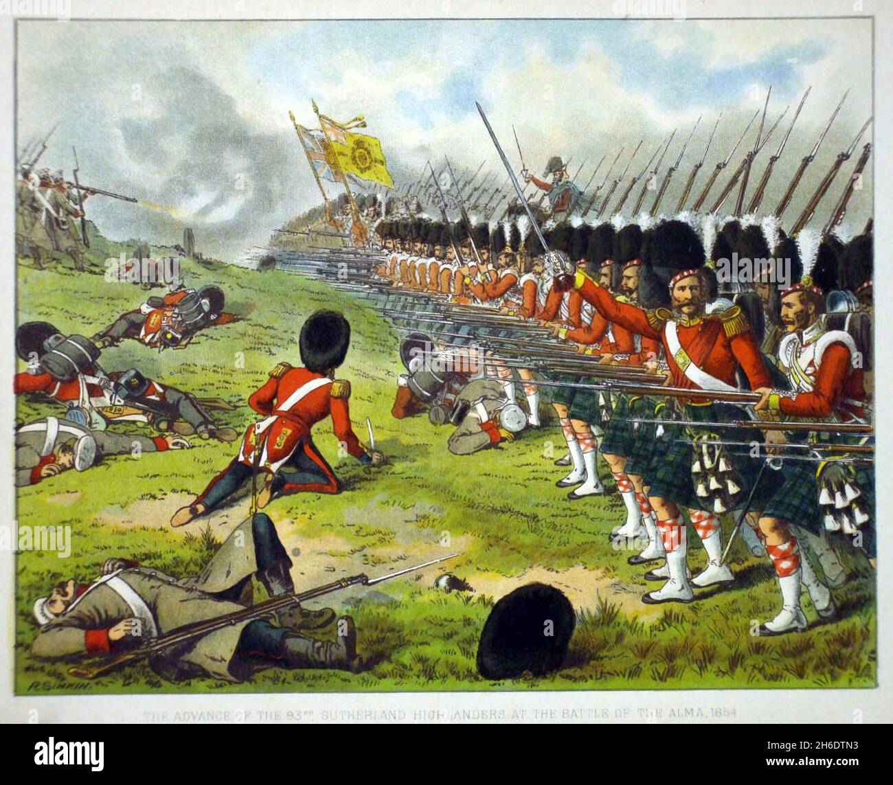 Schlacht von Alma Sutherland Highlanders. Die Argyll and Sutherland Highlanders (Princess Louise's) waren ein Linieninfanterieregiment der britischen Armee, das bis zur Fusion mit dem Royal Regiment of Scotland am 28. März 2006 bestand. Die Schlacht an der Alma (kurz für Schlacht am Alma-Fluss) war eine Schlacht im Krimkrieg zwischen einer alliierten Expeditionstruppe (bestehend aus französischen, britischen und ägyptischen Truppen) und russischen Streitkräften, die am 20. September 1854 die Krim verteidigten. Die Verbündeten hatten am 14. September eine überraschende Landung auf der Krim gemacht. Die alliierten Kommandeure, Maréchal Jacques Leroy de Stockfoto