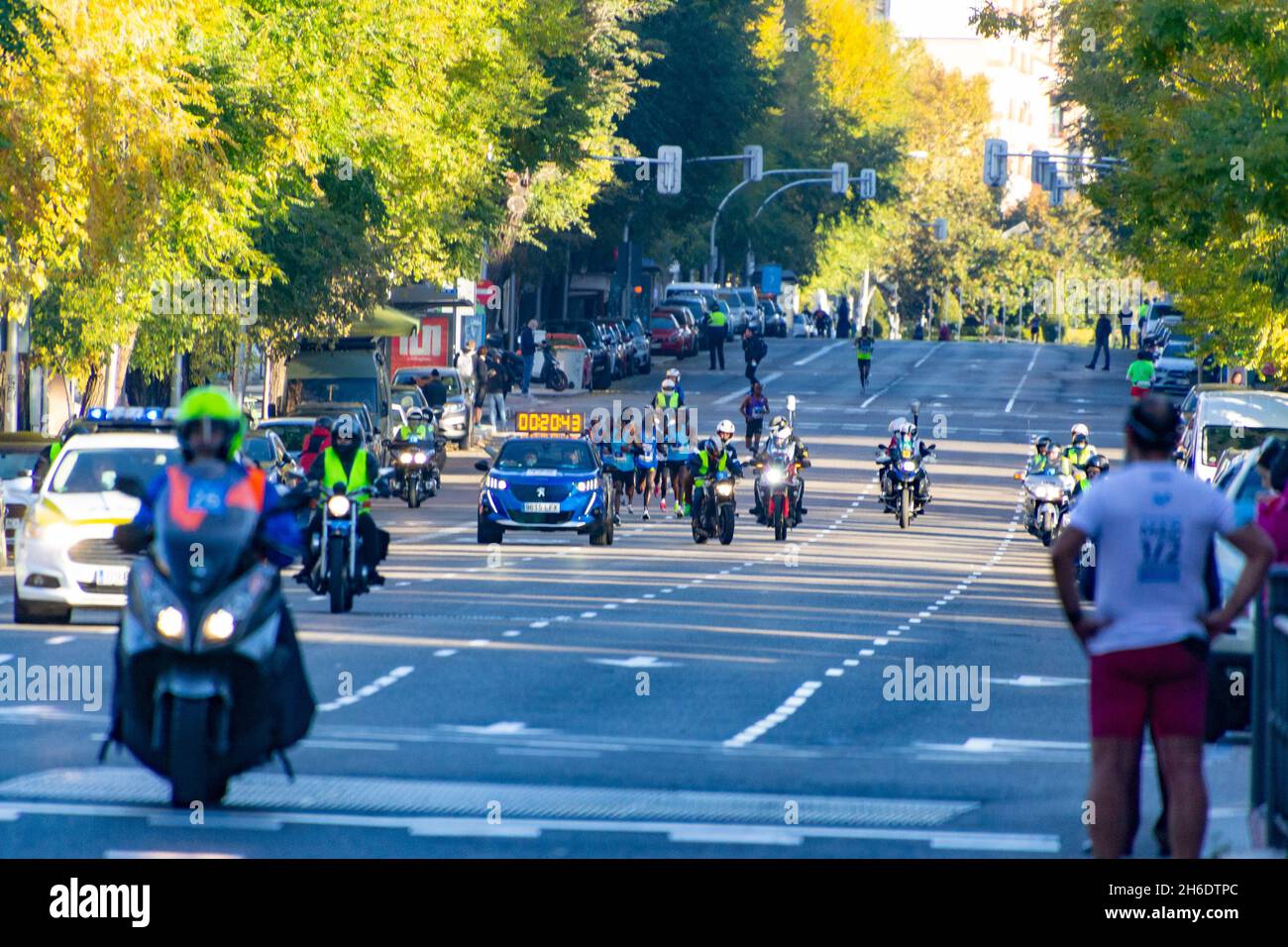 Profisportler laufen beim Movistar Halbmarathon von Madrid durch die zentralsten Straßen der Hauptstadt Spaniens. In Europa. Stockfoto