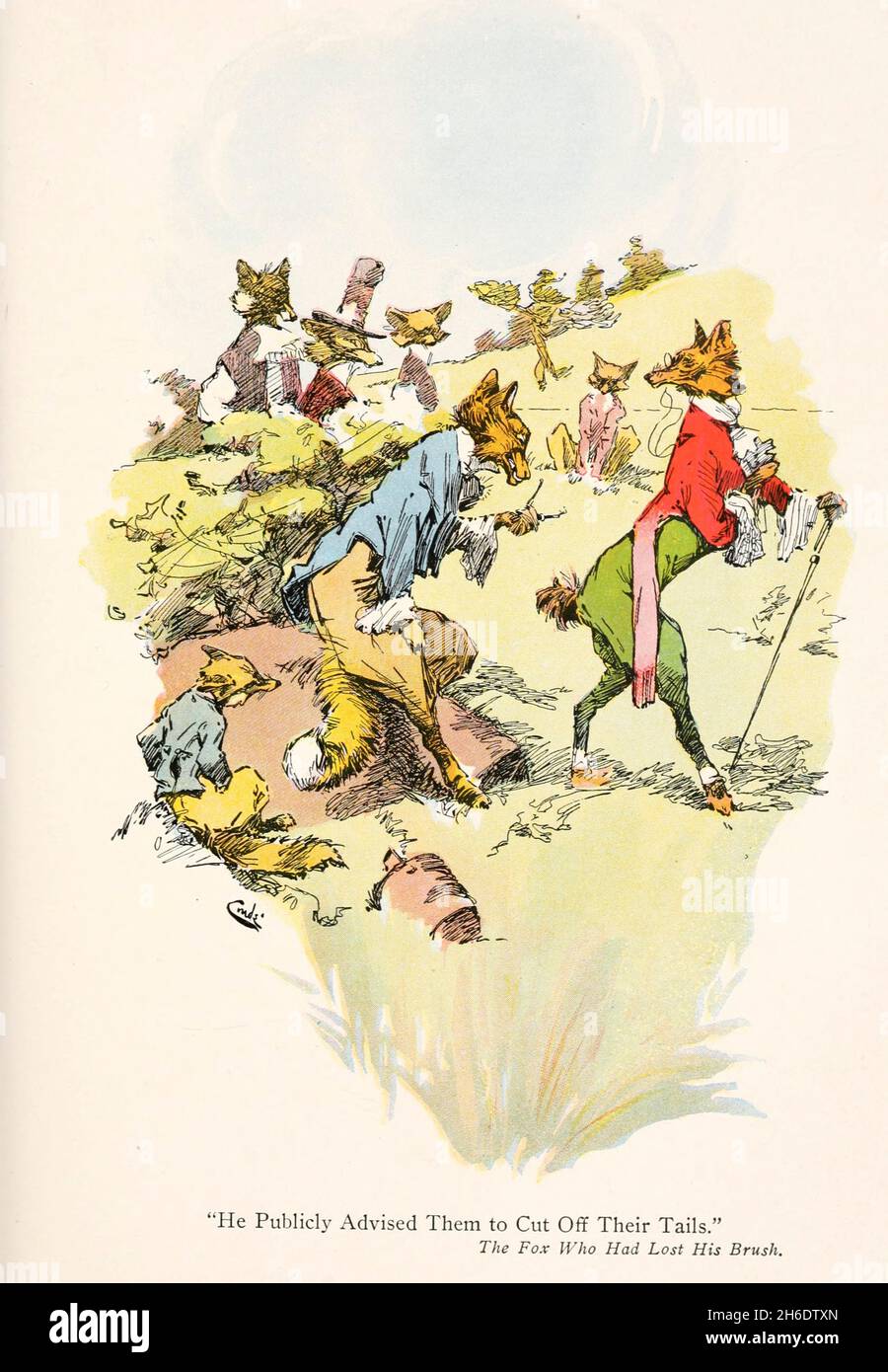 Er riet ihnen öffentlich, ihre Endstücke [der Fuchs, der seinen Pinsel verloren hat] aus dem Buch "Aesops Fabeln", übersetzt aus dem Griechischen und adaptiert von George Fyler Townsend, illustriert von J. M. Condé, veröffentlicht in London von Grant Richards im Jahr 1905 Stockfoto