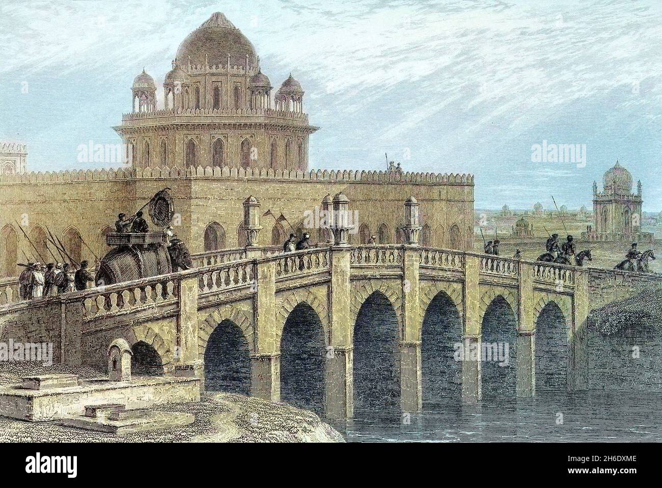 Brücke in Alt-Delhi aus dem Buch "The Oriental Annual, OR, Lives of the Moghul Emperors" von The Rev. Hobart Caunter Herausgegeben von Edward Bull, London 1837 Stiche aus Zeichnungen von William Daniell Stockfoto