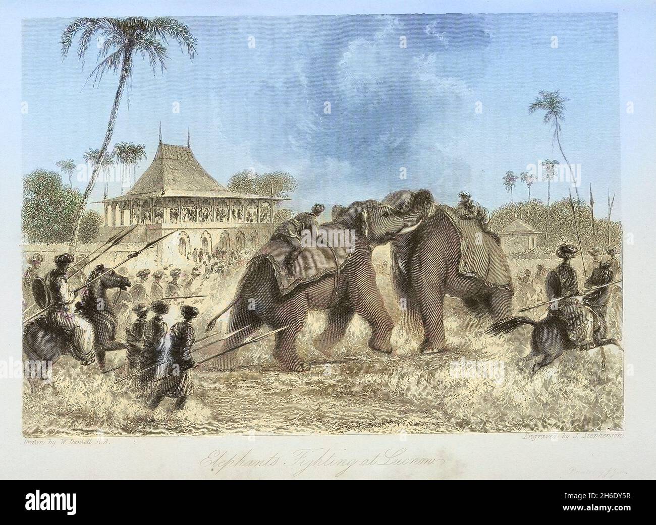 Machine färbte einen Elefantenkampf in Lucknow, Uttar Pradesh, der von Menschenmassen und bewaffneten Soldaten beobachtet wurde. Stich von J Stephenson, ca. 1837, nach W. Daniell, R. A. aus dem Buch "The Oriental Annual, OR, Scenes in India" von The Rev. Hobart Caunter Herausgegeben von Edward Bull, London 1838 Stiche aus Zeichnungen von William Daniell Stockfoto