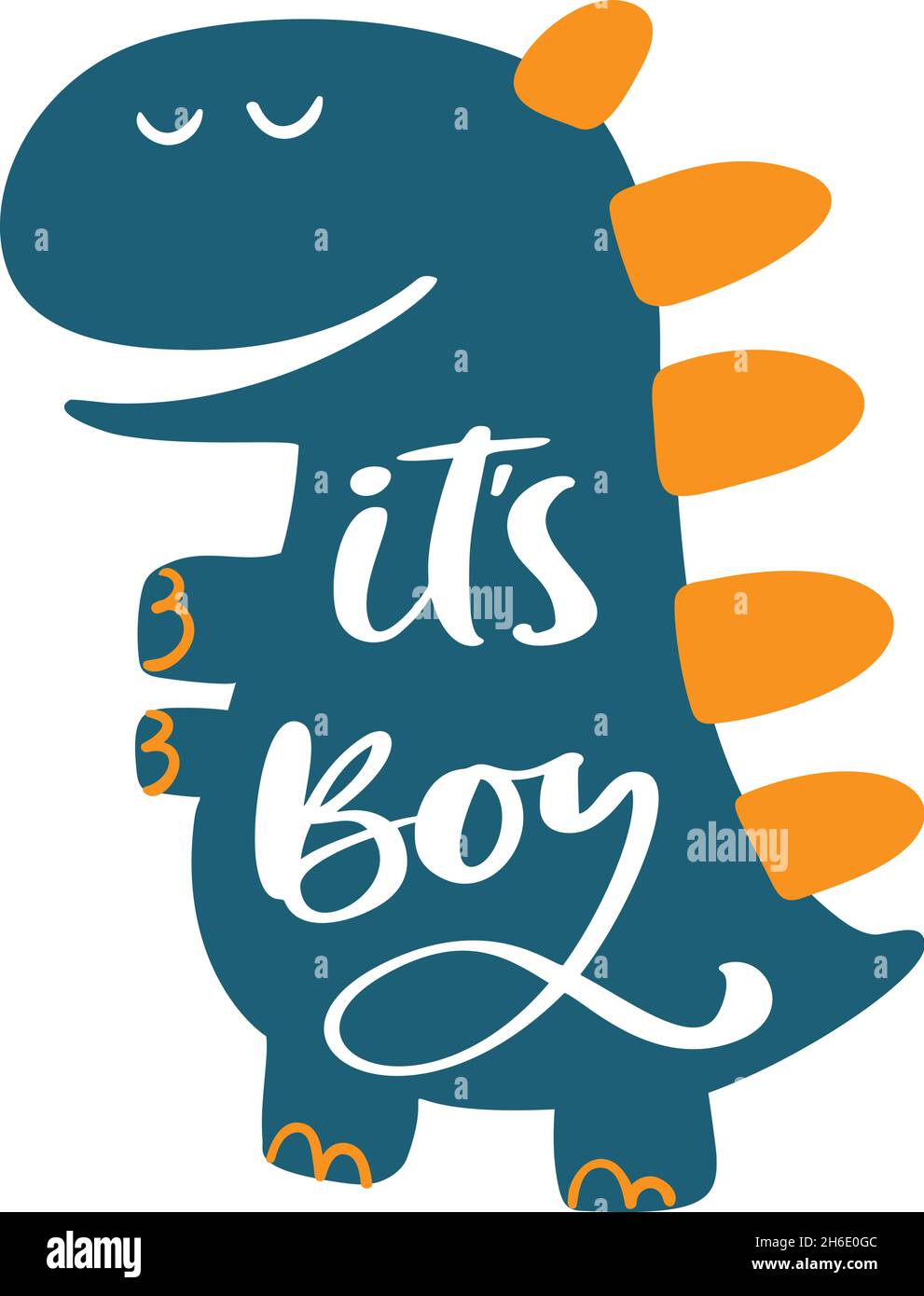 Niedlicher Dinosaurier-Babydruck. Dino Schriftzug Text Slogan it's Boy. Niedliche Illustration für Kindergarten-T-Shirt, Kinderkleidung, Einladung. Einfach skandinavisch Stock Vektor
