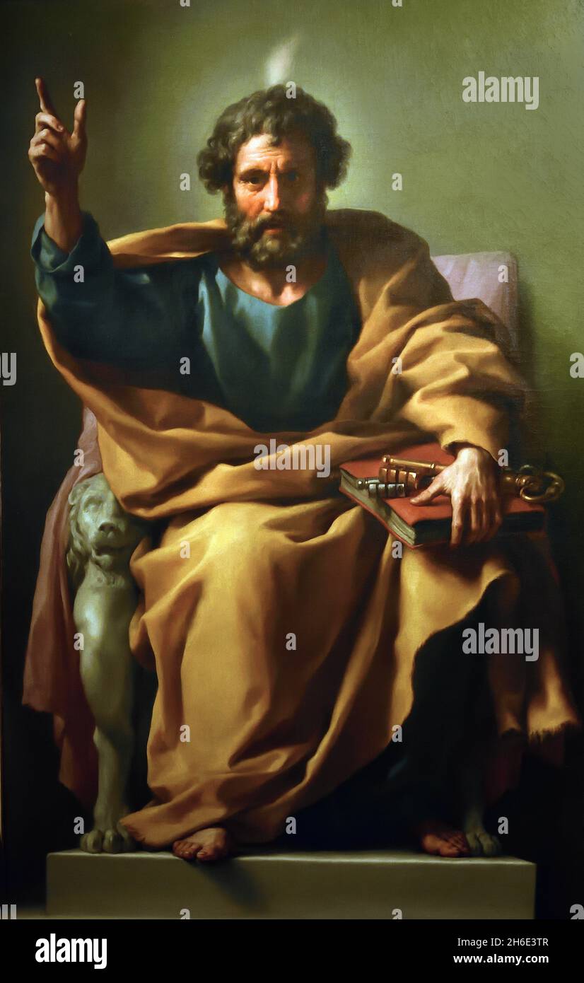 St. Peter auf dem Stuhl 1774 - 1775Anton Raphael Mengs 1728 – 1779 der deutsche Maler, der in Dresden, Rom und Madrid, der Rokokozeit der Mitte des 18th. Jahrhunderts, tätig war, wurde zu einem der Vorläufer der neoklassischen Malerei, die den in Europa dominierenden Malstil Rokoko ersetzte Stockfoto