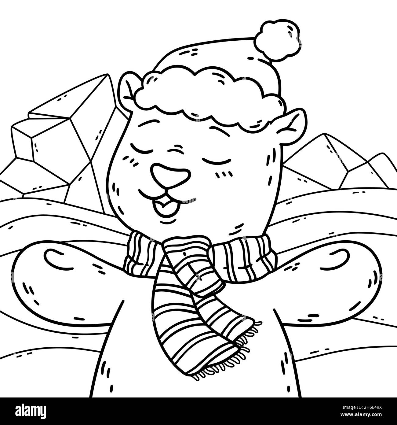 Niedlicher Eisbär im Norden mit weihnachtsmannhut und Schal. Frohes neues Jahr und fröhliche weihnachten Malvorlagen. Vektordarstellung isolierter Hintergrund Stock Vektor