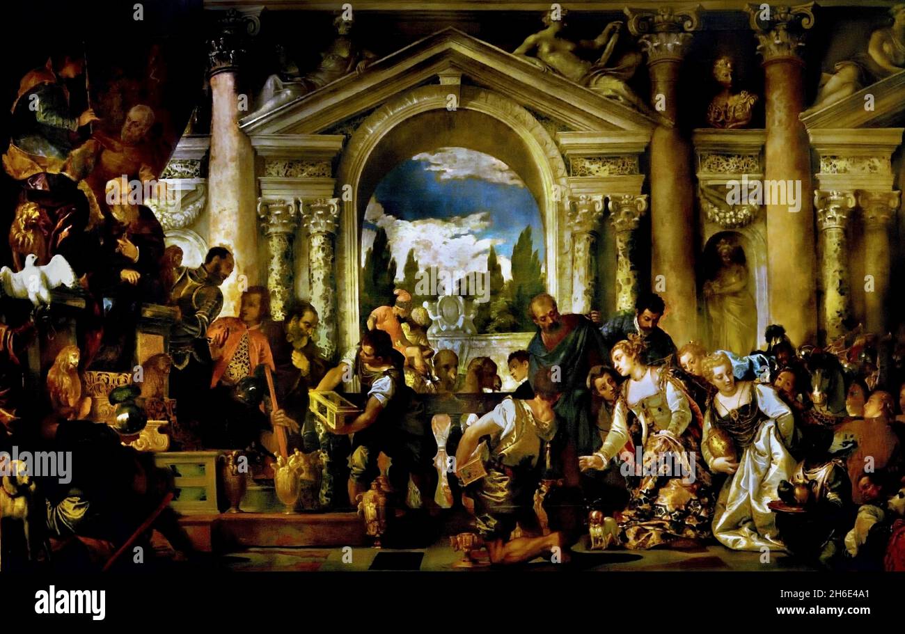 Königin von Sheba bietet Salomo Geschenke an 1582 - 1584 von Caliari Paolo bekannt als Paolo Veronese, 1528/ 1588, Italien, Italienisch, ( Jerome, 342 – 347 n. Chr., Königin von Saba , ist eine Figur, die erstmals in der hebräischen bibel erwähnt wird, und bringt eine Karawane wertvoller Geschenke für den Israeliten, König Salomo, Stockfoto