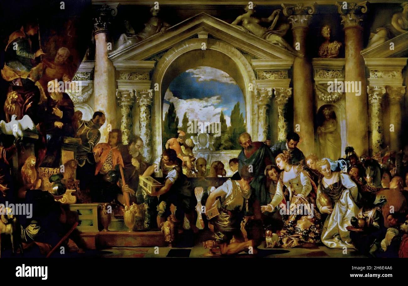 Königin von Sheba bietet Salomo Geschenke an 1582 - 1584 von Caliari Paolo bekannt als Paolo Veronese, 1528/ 1588, Italien, Italienisch, ( Jerome, 342 – 347 n. Chr., Königin von Saba , ist eine Figur, die erstmals in der hebräischen bibel erwähnt wird, und bringt eine Karawane wertvoller Geschenke für den Israeliten, König Salomo, Stockfoto