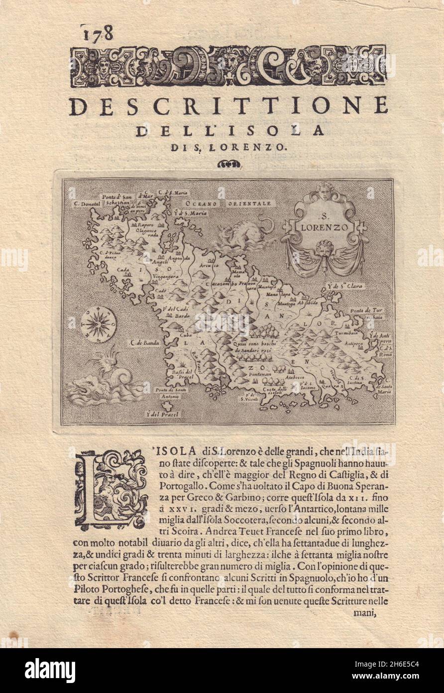 Beschreibung der Isola di S. Lorenzo. PORCACCHI. Madagaskar 1590 alte Karte Stockfoto