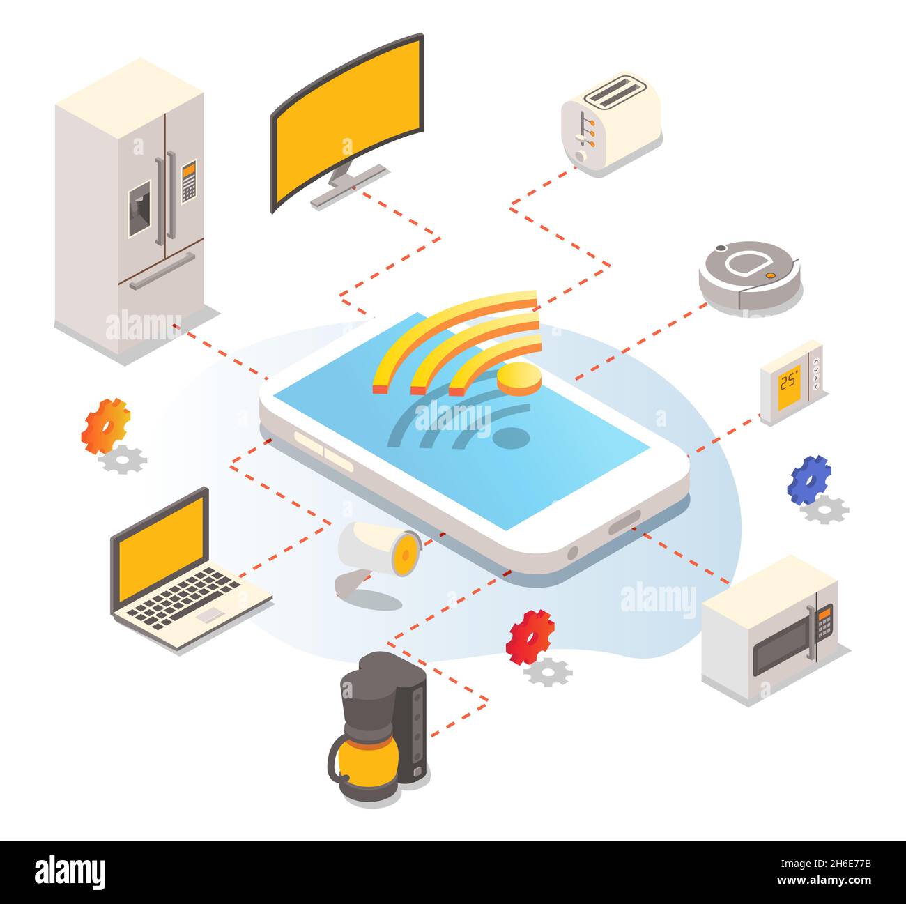 Internet der Dinge, iot, automatisiertes Zuhause. Intelligente Haushaltsgeräte und Geräte, die von Mobiltelefonen, Vektoren gesteuert werden. Stock Vektor