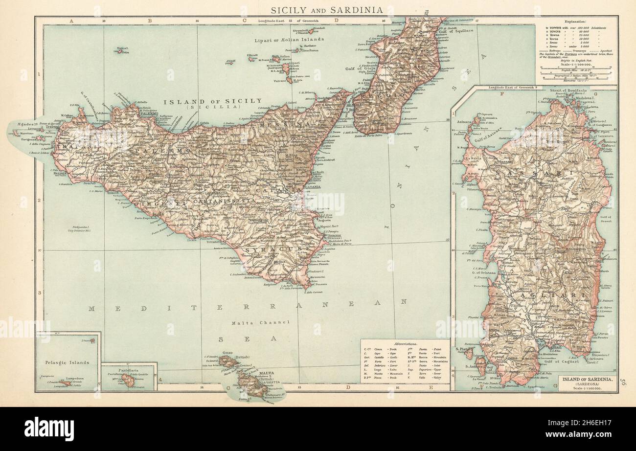 Sizilien und Sardinien. Italienische Inseln. DIE TIMES 1895 alte antike Kartenkarte Stockfoto