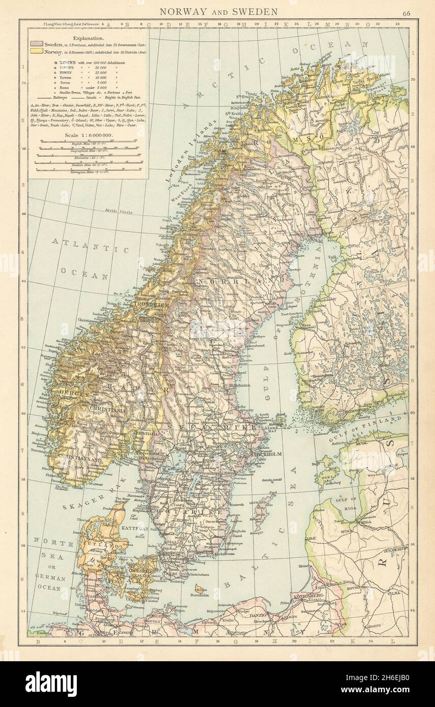 Norwegen und Schweden. Skandinavien. Dänemark. DIE TIMES 1895 alte antike Kartenkarte Stockfoto