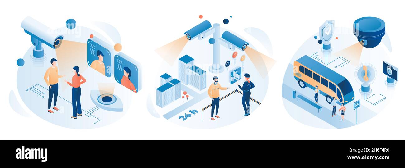 Stadtüberwachung, Videoüberwachung mit Straßensicherheitskameras, CCTV, flache Vektor-isometrische Darstellung. Öffentliche Sicherheit. Stock Vektor