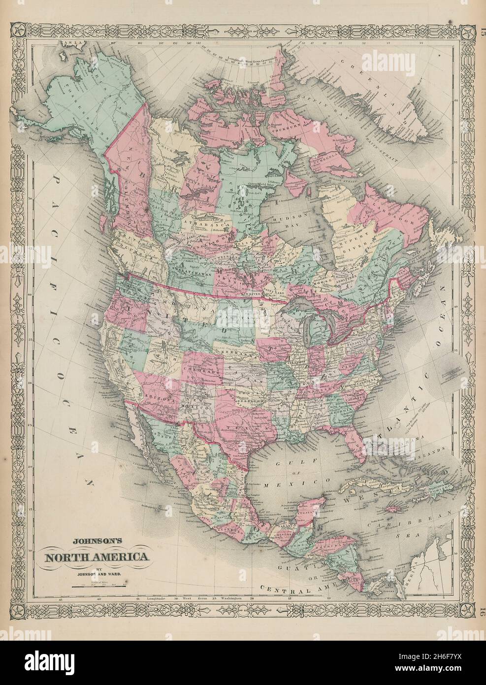 Johnsons Nordamerika. Russian Alaska Wyoming innerhalb des Dakota Territory 1865 Karte Stockfoto