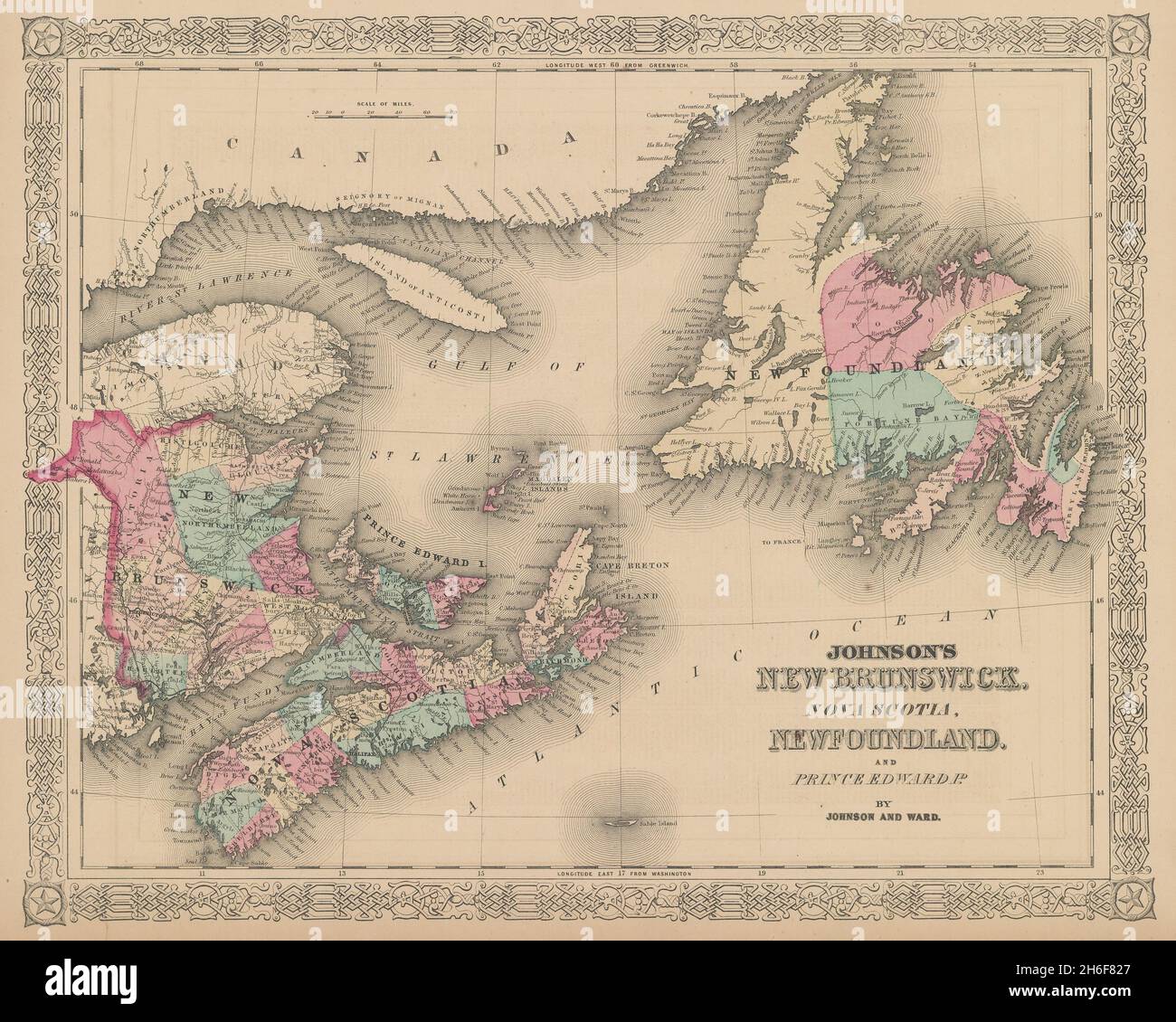 Johnson's New Brunswick, Nova Scotia, Neufundland & Prince Edward ID. 1865 Karte Stockfoto