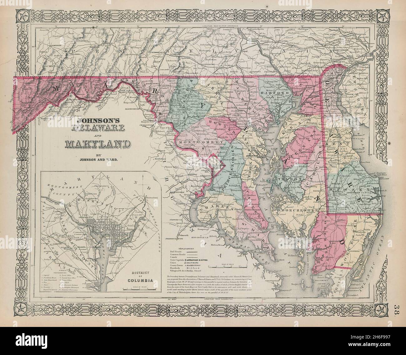 Johnson's Delaware, Maryland & District of Columbia. Grafschaften 1865 alte Karte Stockfoto