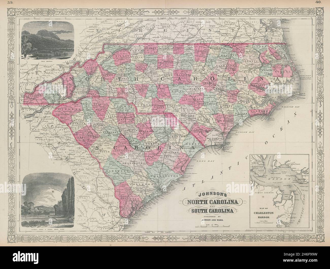 Johnson's North & South Carolina zeigt Grafschaften. Charleston 1865 alte Karte Stockfoto