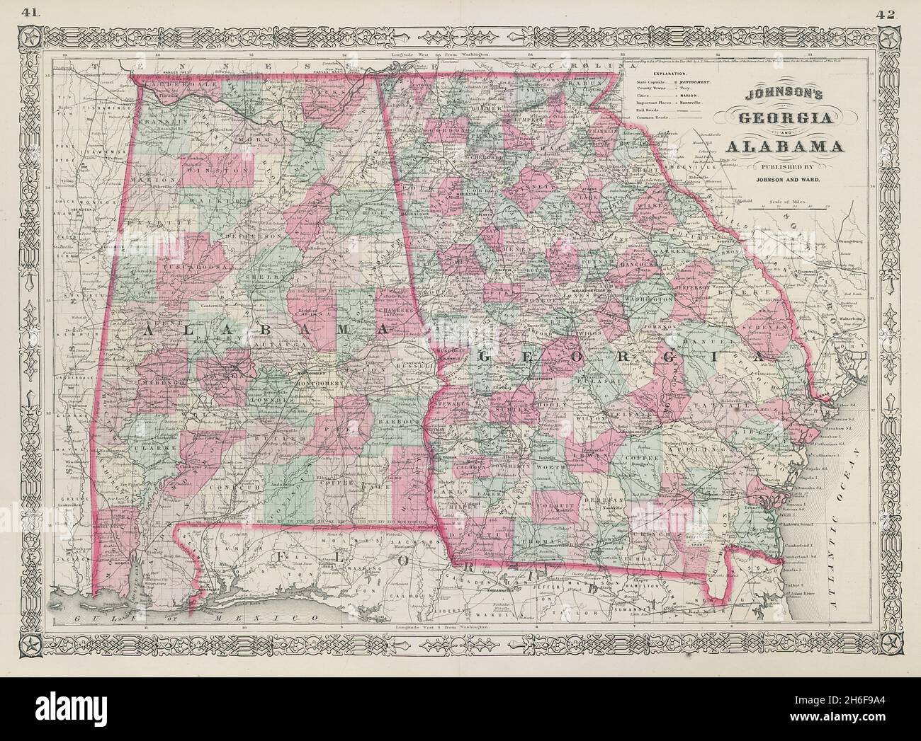 Johnson's Georgia & Alabama. US-State-Karte zeigt Grafschaften 1865 alt Stockfoto