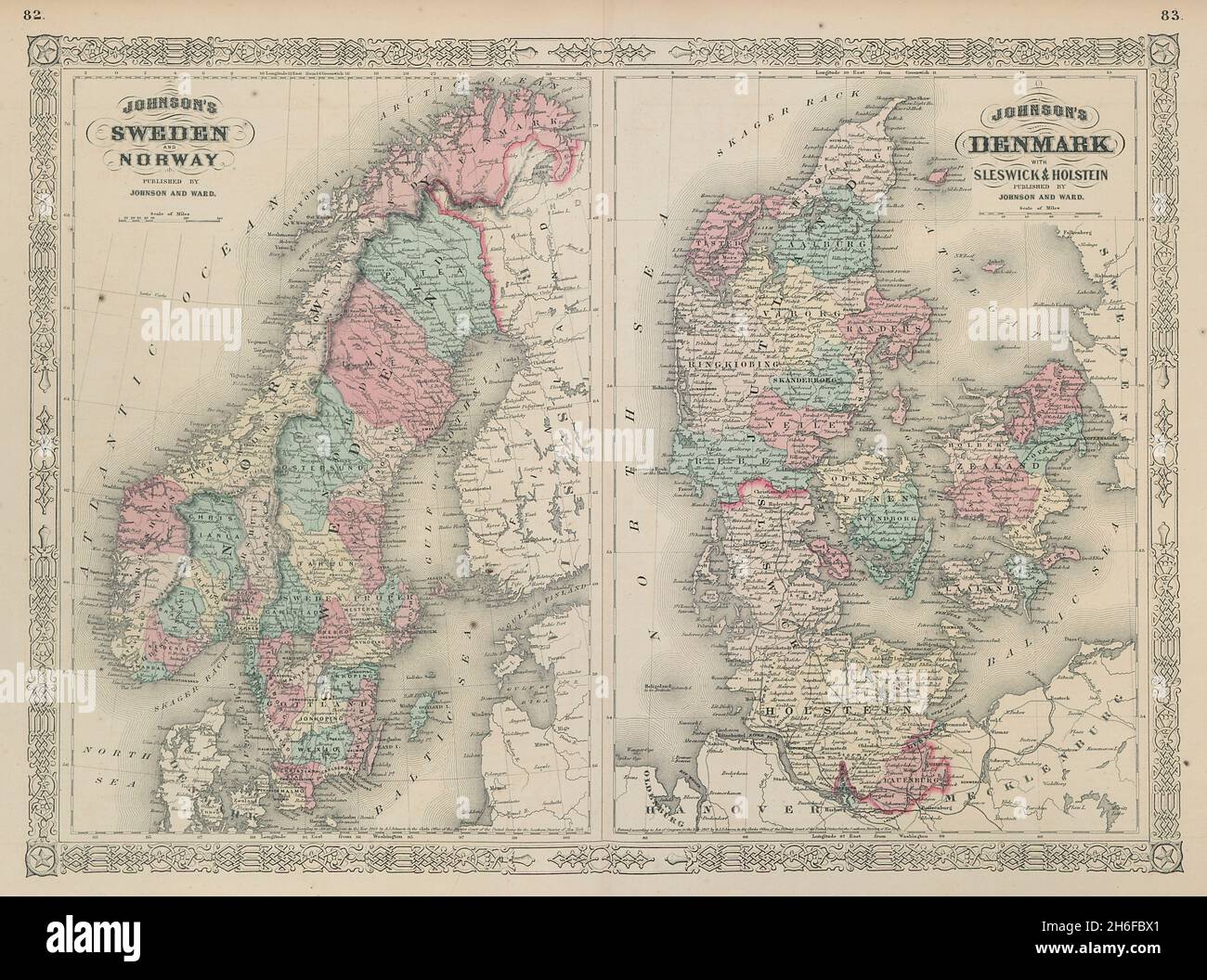 Johnson's Schweden, Norwegen und Dänemark mit Sleswick & Holstein. Schleswig 1865 Karte Stockfoto