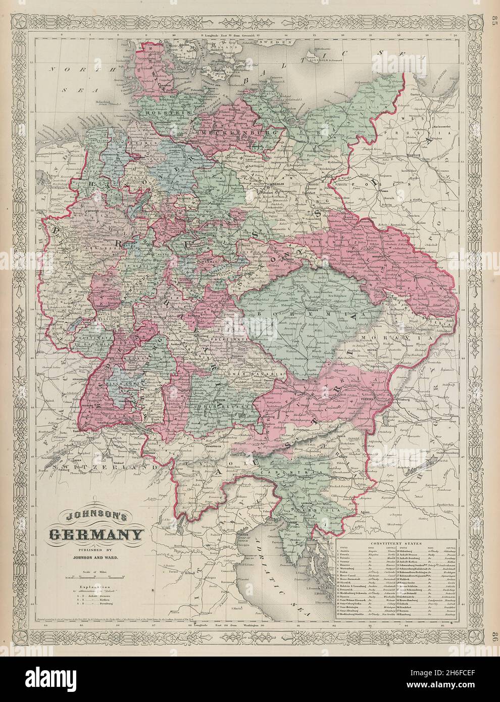 Johnsons Deutschland. Preußen Österreich Böhmen Mähren Tschechien Tirol 1865 Karte Stockfoto