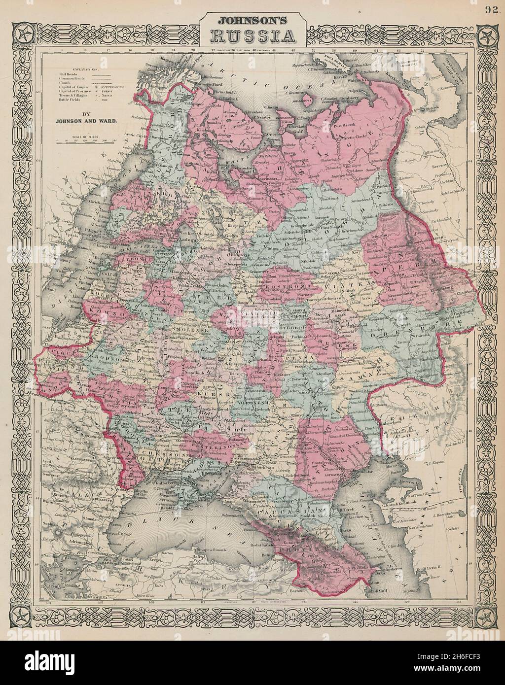 Johnsons Russland in Europa. Ukraine Polen Baltikum Finnland Kaukasus 1865 Karte Stockfoto