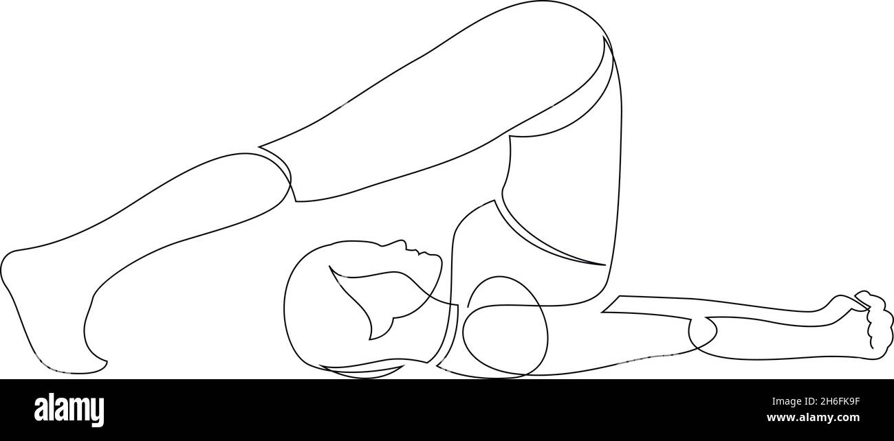 Frau, die Yoga-Pflug Pose. Fortlaufende Linienzeichnung. Lineare Darstellung des Asana-Vektors Stock Vektor