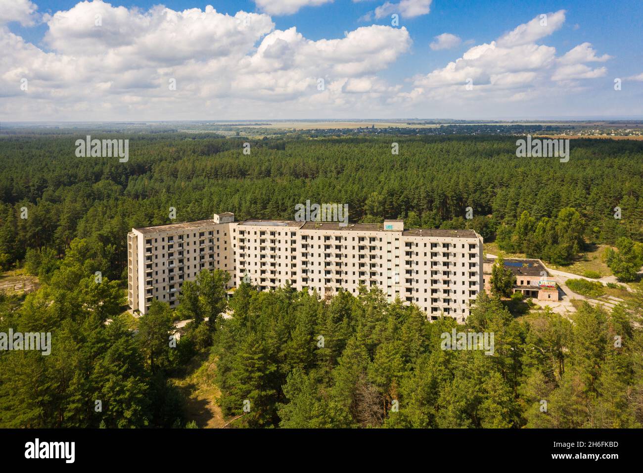 Luftbild: Die Geisterstadt Orbita in den 70er Jahren des 20. Jahrhunderts sollte eine Satellitenstadt des Kernkraftwerks Chyhyryn werden Stockfoto