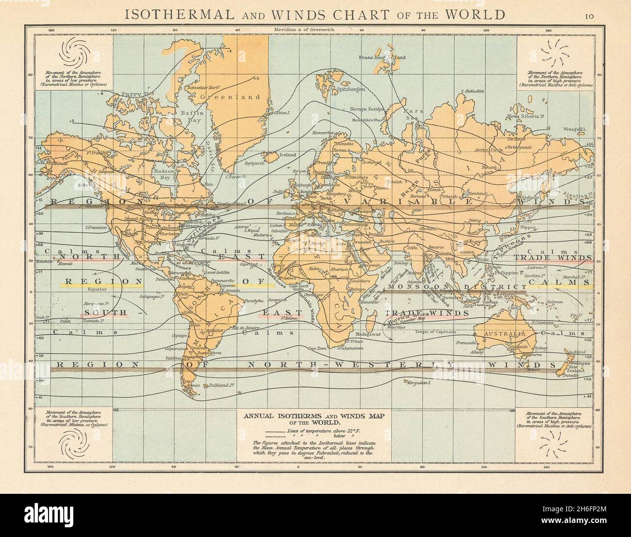 Isotherme und Winde Karte der Welt. DIE TIMES 1895 alte antike Landkarte Stockfoto