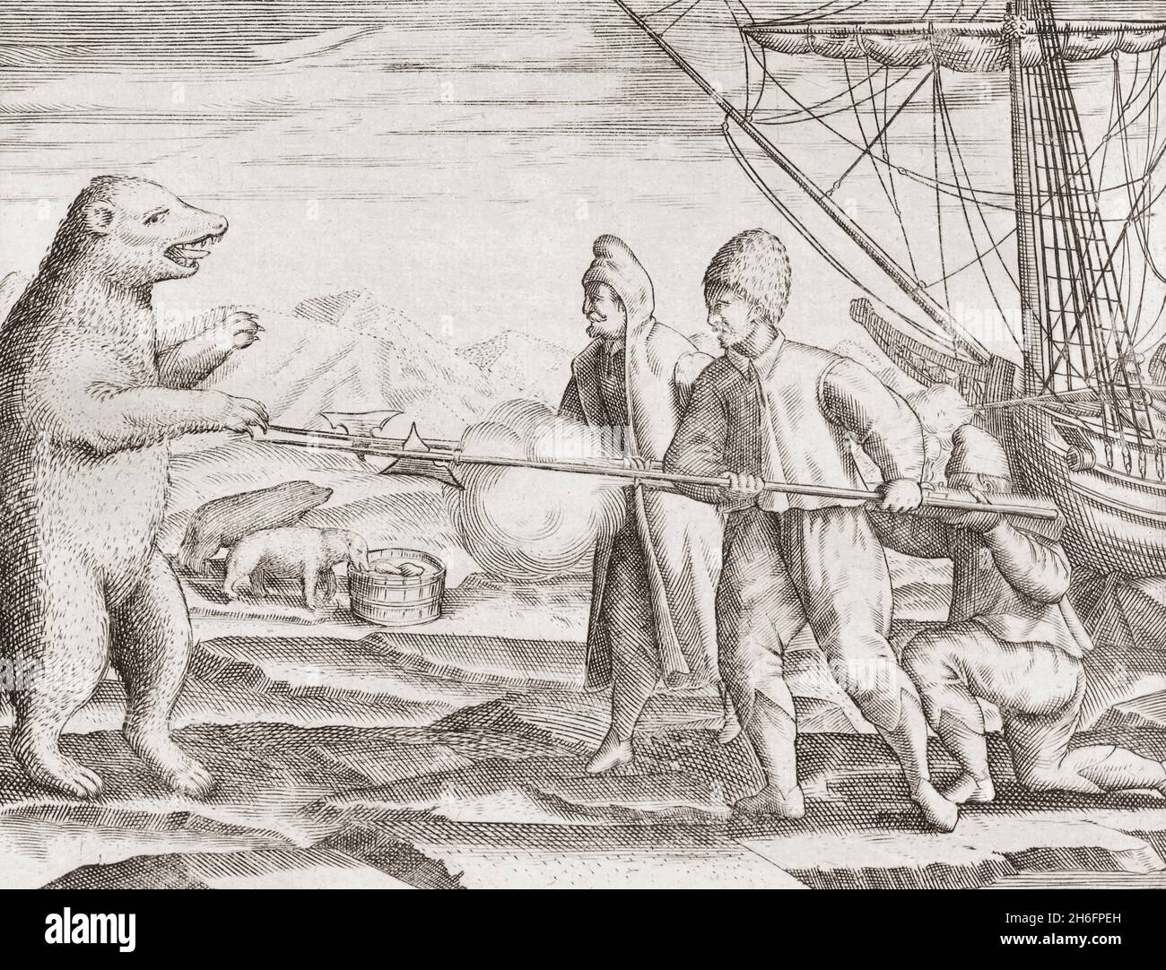 Seefahrer jagen Eisbären im arktischen Ozean im frühen 17. Jahrhundert. Aus einem Werk eines unbekannten Künstlers aus dem 17. Jahrhundert. Stockfoto
