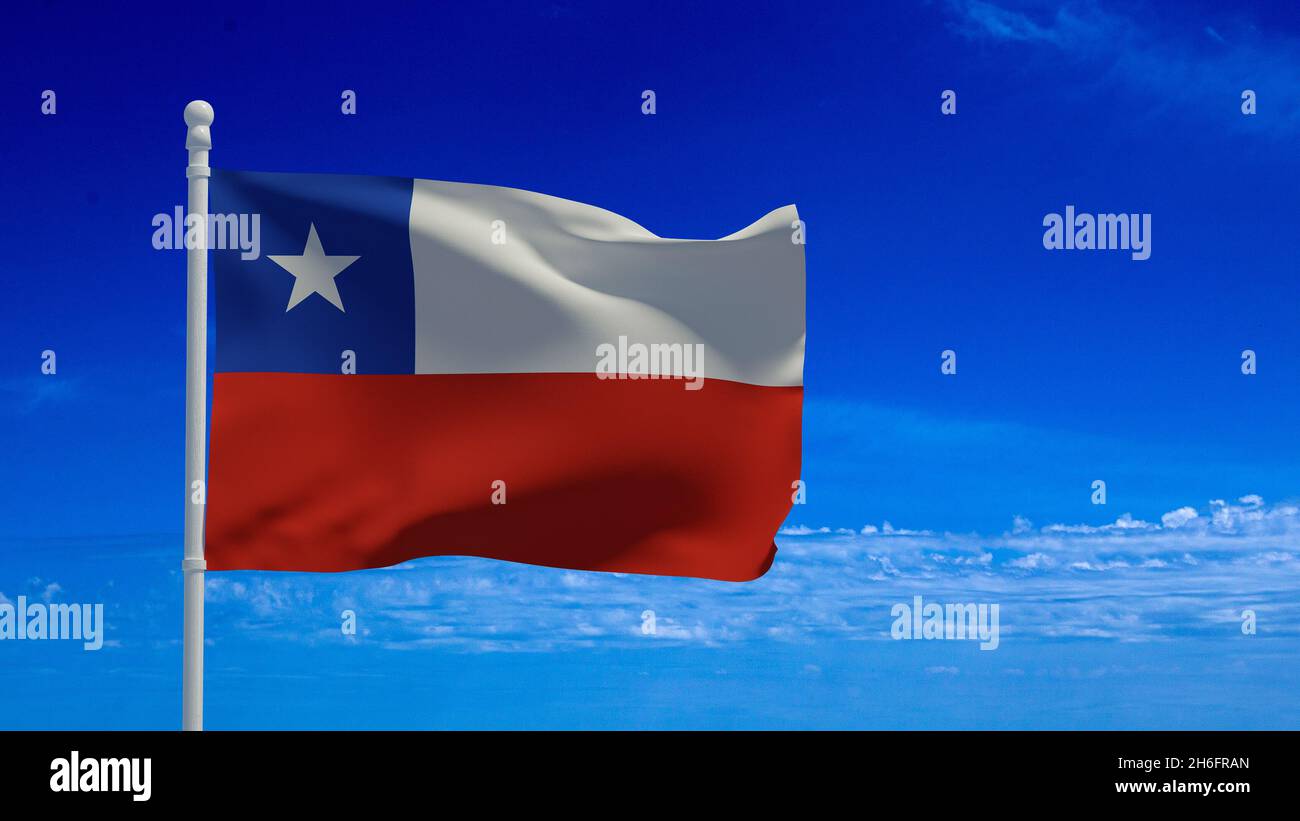 Nationalflagge der Republik Chile, winkend im Wind. 3d-Rendering, CGI Stockfoto