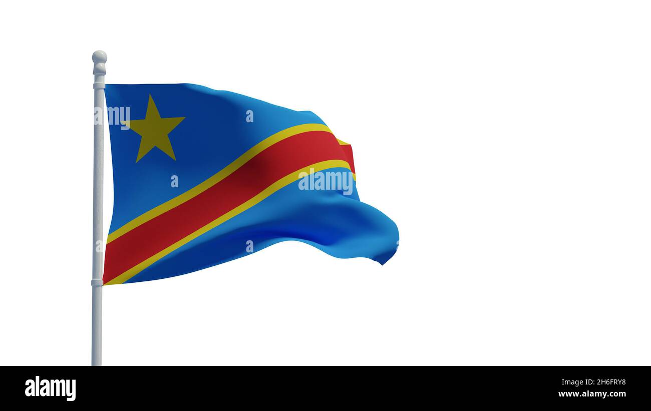 Demokratische Republik Kongo alias Kongo-Kinshasa Nationalflagge, winkend im Wind. 3d-Rendering, CGI. Abbildung, isoliert auf Weiß Stockfoto
