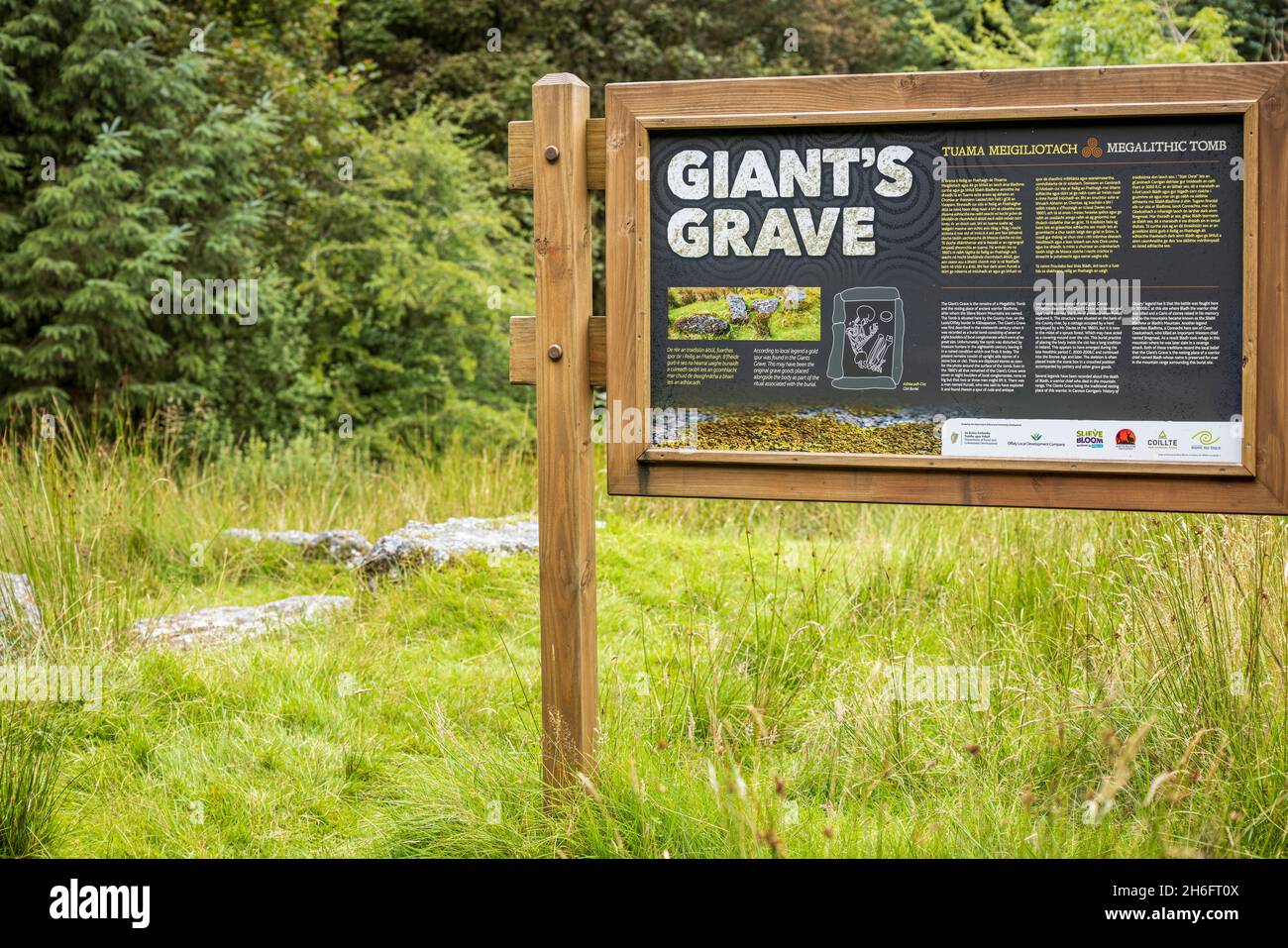 Erklärendes Schild am Standort des Giants Grabes, Megalithgrabes, in der Nähe von Cadamstown, in den Slieve Bloom Mountains, County Offaly, Irland Stockfoto