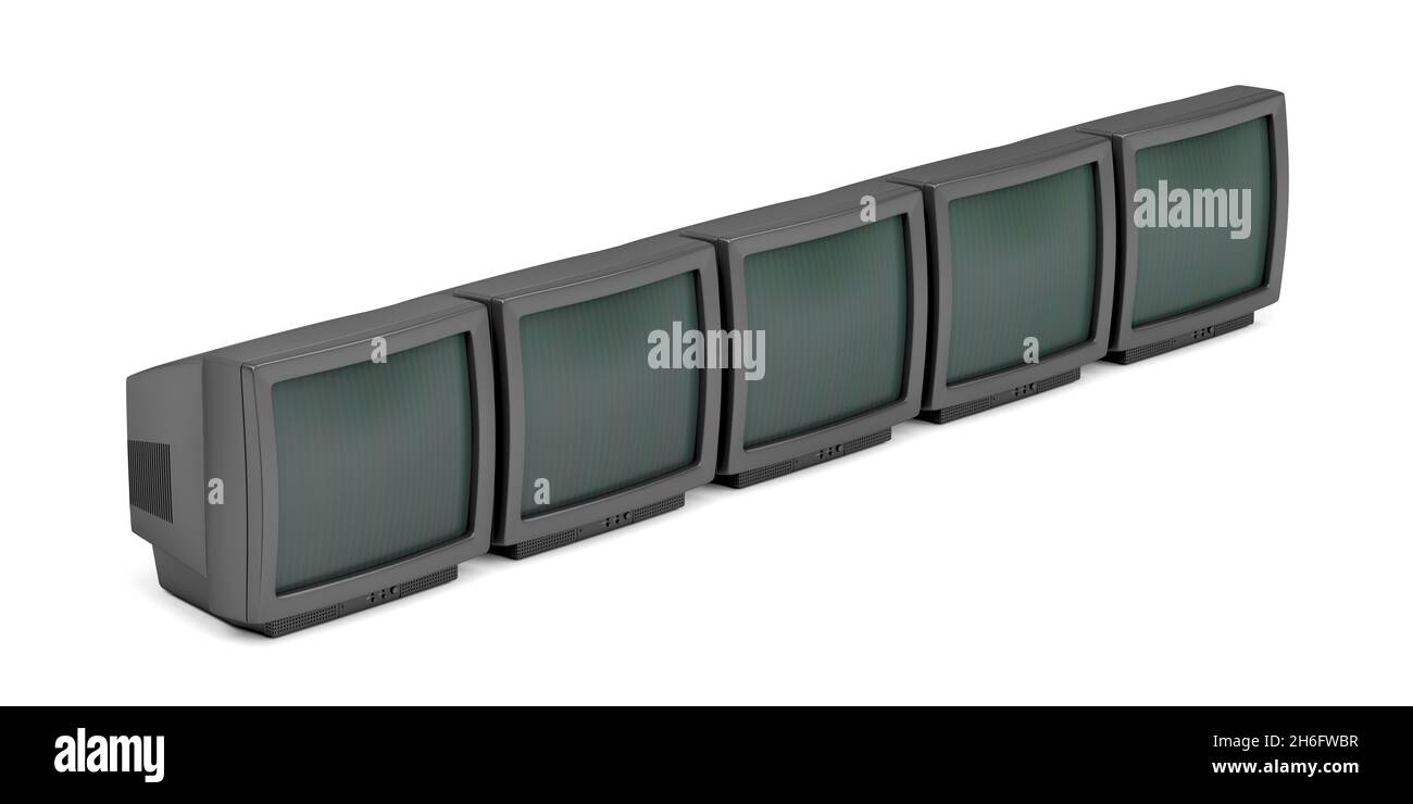 Fünf CRT-Fernseher in Folge auf weißem Hintergrund Stockfoto