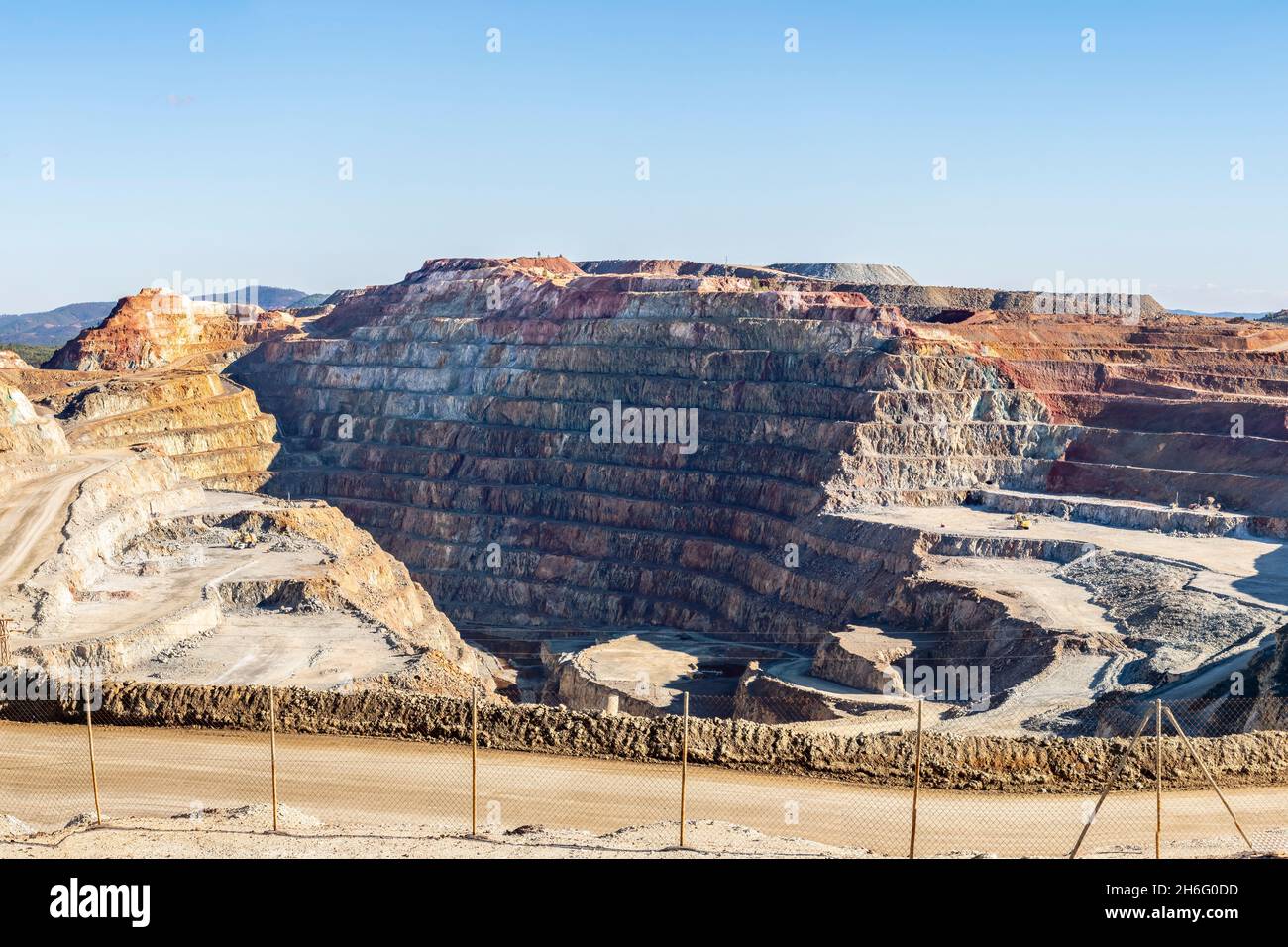 Panorama von Corta Atalaya mit Bergwerksebenen in der Tagebaugrube. Tiefaushub von Pyrit und Gewinnung von Mineralien von cooper und Gold in der Gemeinde Stockfoto