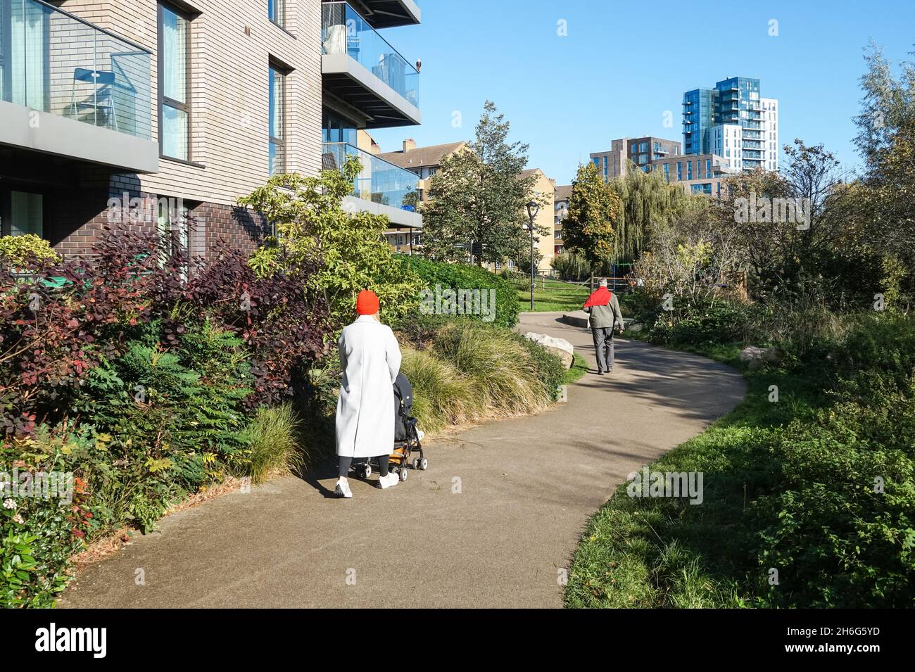 Moderne Wohngebäude in Woodberry Down neben dem Naturschutzgebiet Woodberry Wetlands in Hackney, London England Vereinigtes Königreich Großbritannien Stockfoto