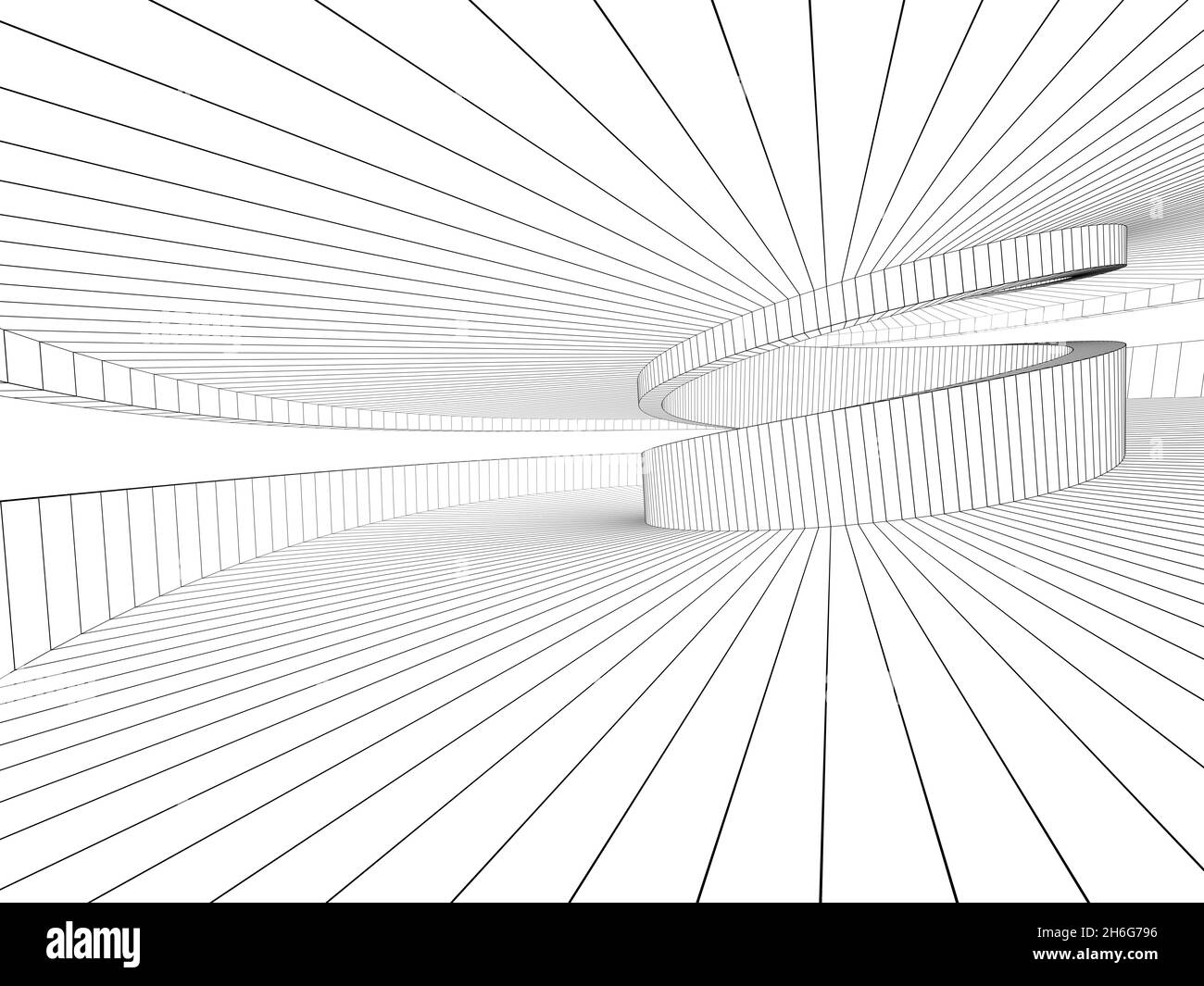 Abstrakter Spiralinnenhintergrund, Drahtrahtzeichnungen, 3d-Rendering-Illustration Stockfoto
