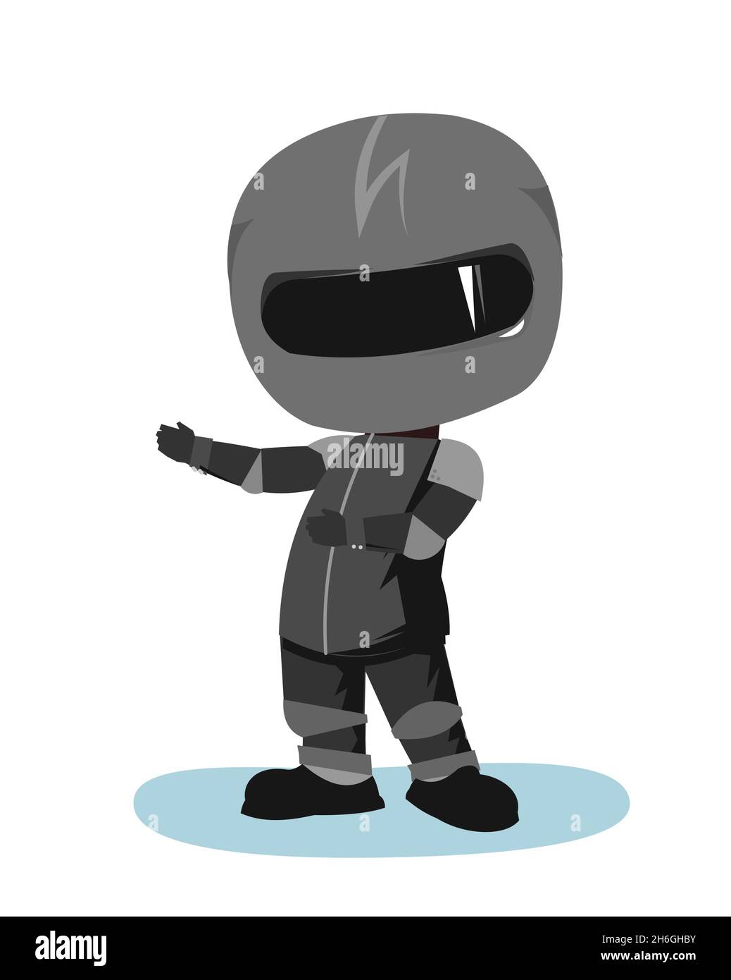 Motorradfahrer in einer schwarzen Jacke und Helm. Biker-Uniform. Die Geste einer Einladung zu gehen. Cartoon-Stil. Witziger Charakter. Flaches Design. Isoliert ein Stock Vektor