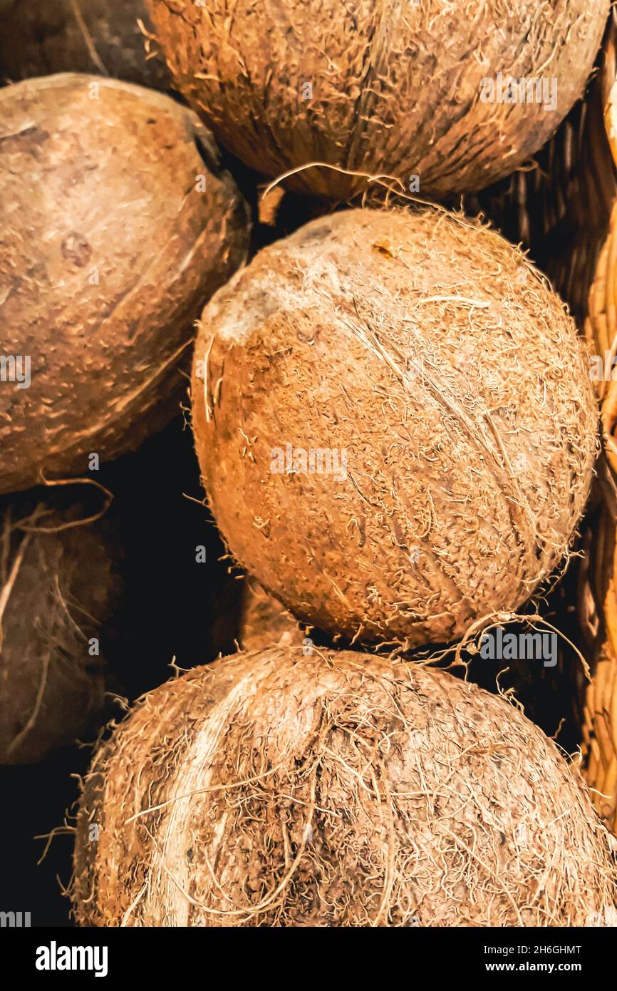 Reife Kokosnüsse auf dem Bauernmarkt. Verkauf exotischer ökologischer Lebensmittel. Tropische Früchte in einem Korb. Stockfoto