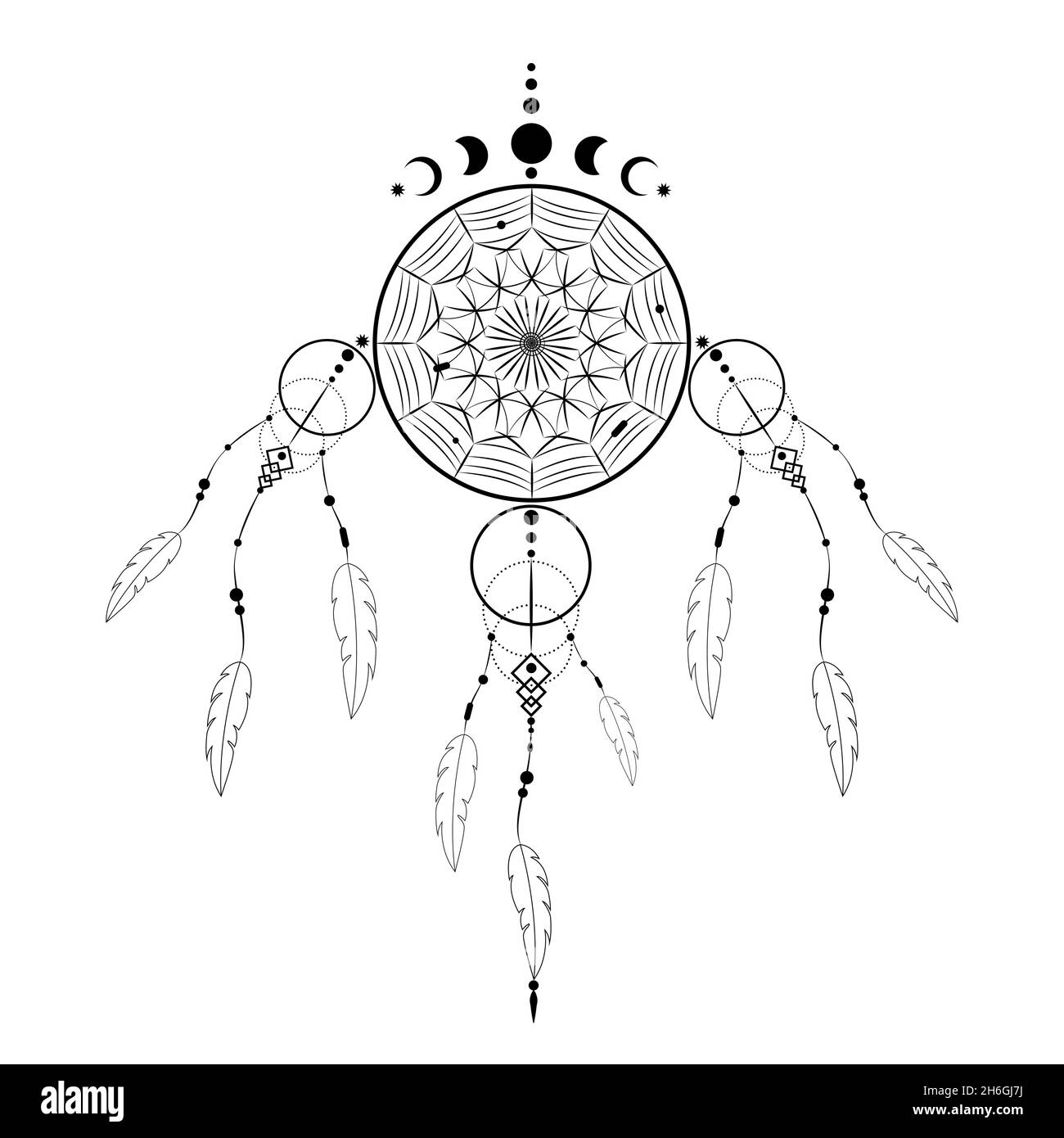 Detailreicher Traumfänger mit Mandala-Ornament und Mondphasen. Black Mystic Symbol, ethnische Kunst mit indianischen einheimischen Boho-Design, Vektor isoliert Stock Vektor