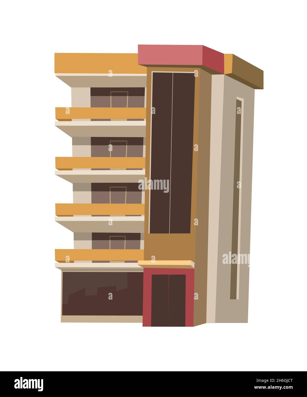 Stadtgebäude. Cartoon-Spaß flach Stil. Isoliert auf weißem Hintergrund. Wohngebäude mit Fenstern und Balkonen. Vektor. Stock Vektor