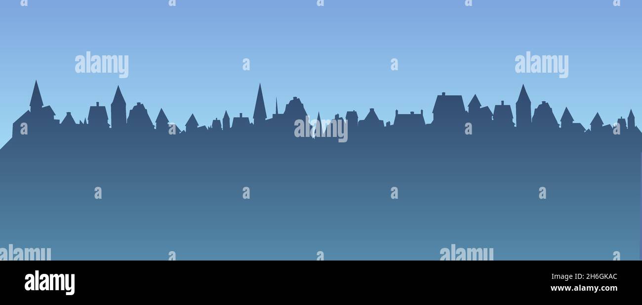 Kleine Stadt Straßen Silhouette. Dächer von Häusern. Landschaft auf dem Land. Flacher Cartoon-Stil. Nahtlose Illustration. Vektorgrafiken Stock Vektor
