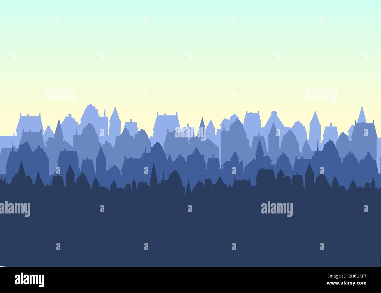 Kleine Stadt Straßen Silhouette. Dächer von Häusern. Landschaft auf dem Land. Abend. Flacher Cartoon-Stil. Nahtlose Illustration. Vektorgrafiken Stock Vektor