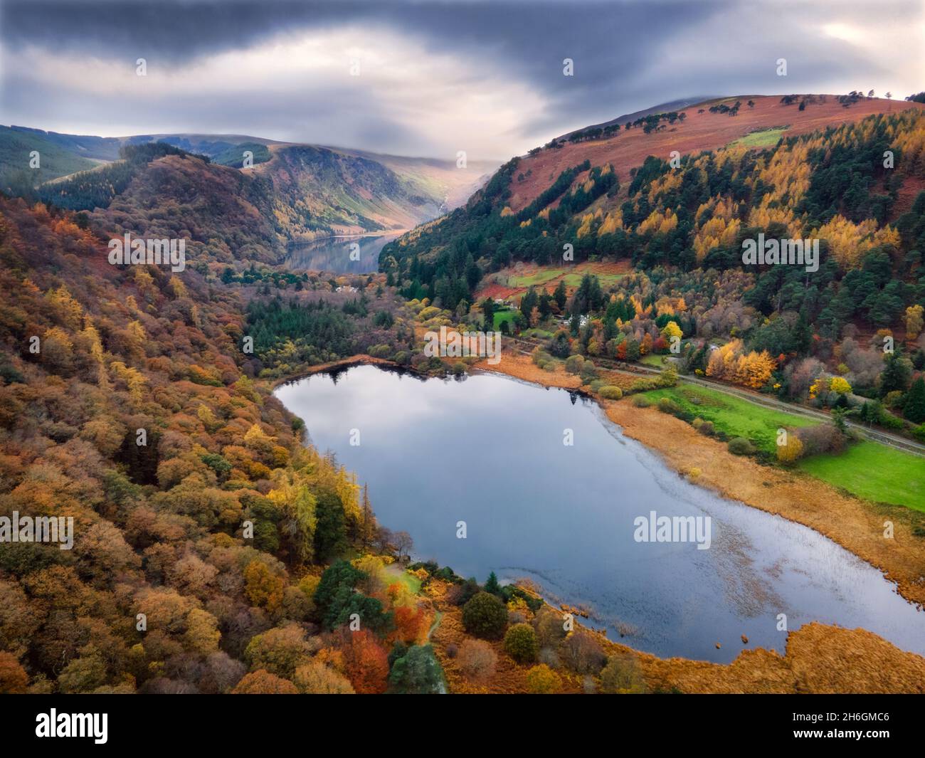 Luftaufnahme auf Glendalough in den Wicklow Mountains, Irland Stockfoto