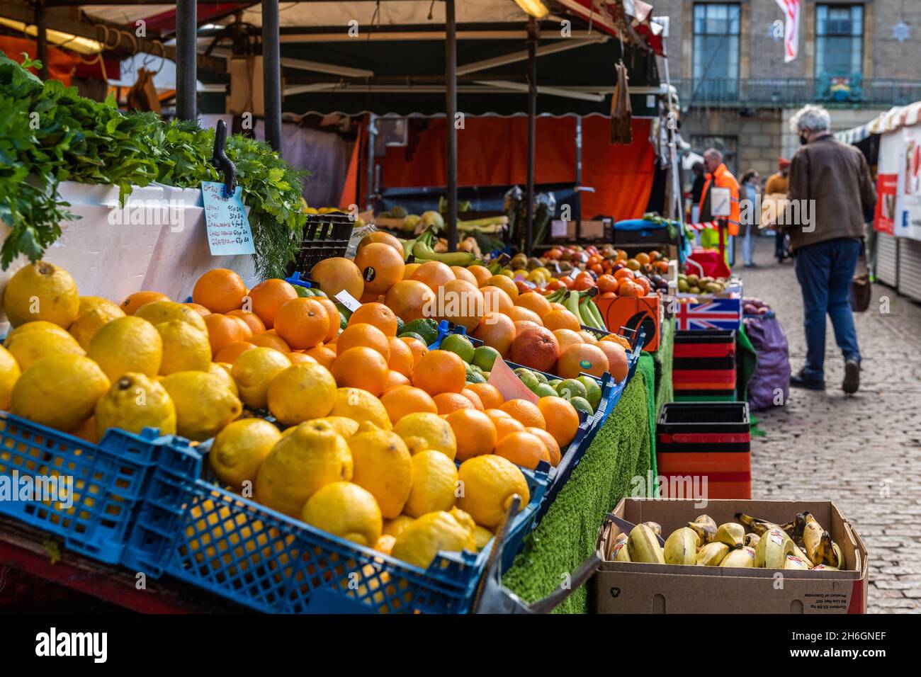 Obst- und Gemüsemarkt, Cambridge, Großbritannien. Stockfoto