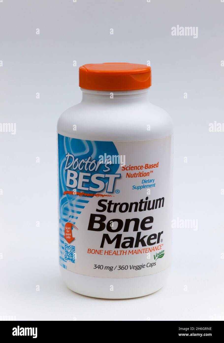 Strontium (natürlich in den Knochen zu finden), Nahrungsergänzungsmittel, für die Knochengesundheit und die Behandlung von Osteoporose. Es wird manchmal als Kalziumersatz verwendet. Stockfoto