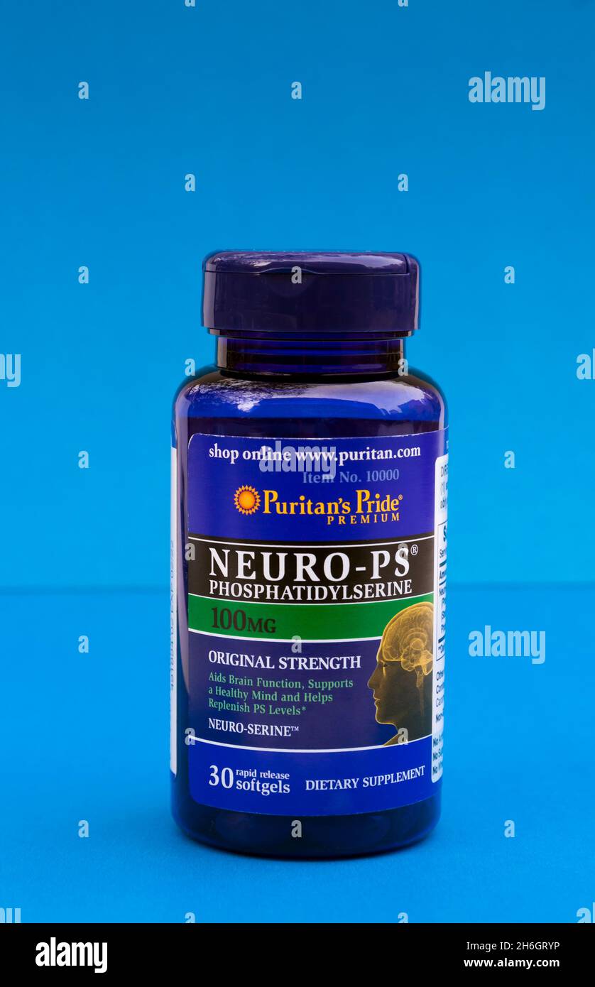 Neuro-PS Phosphatidylserinflasche aus weichen Gelen, die die Gehirnfunktion und einen gesunden Geist unterstützen. Stockfoto