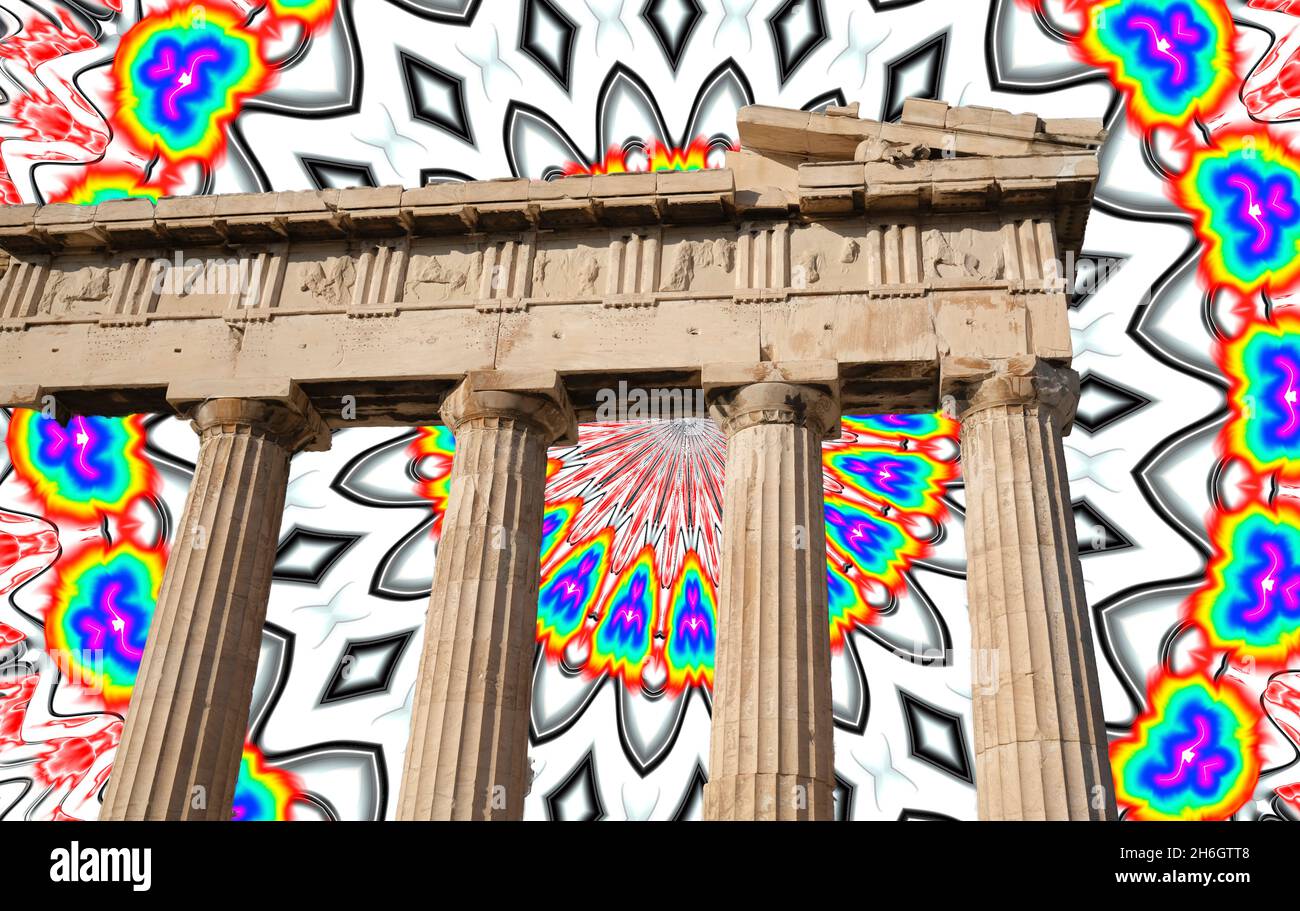 Mixed Media - Foto eines Teils von Parthenon mit Kaleidoskop-Hintergrund Stockfoto