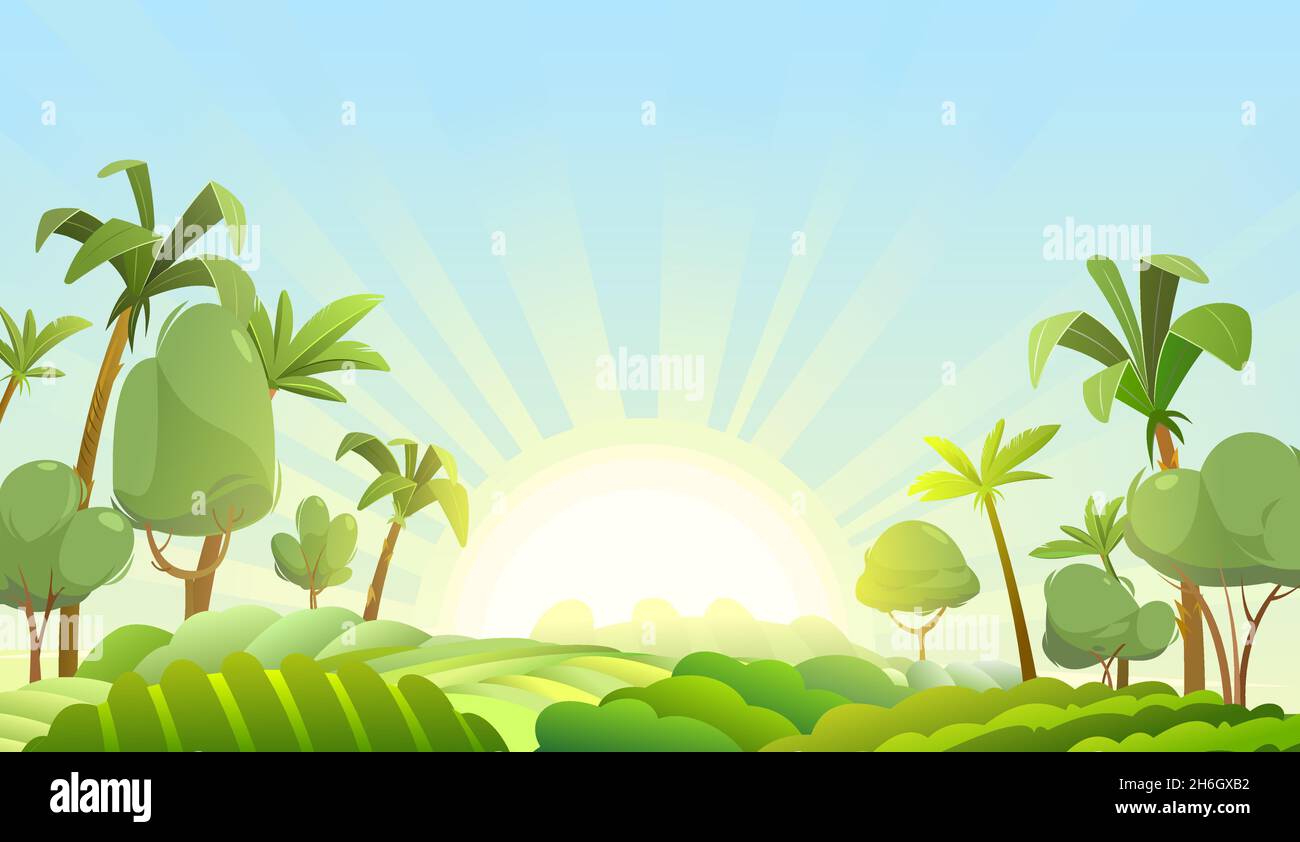 Schöne Landschaft in den Tropen. Gemüsegarten Hügel und Wiesen. Sonnenaufgang am Morgen. Palmen und schönes Sommerwetter. Witziger Cartoon-Stil Stock Vektor