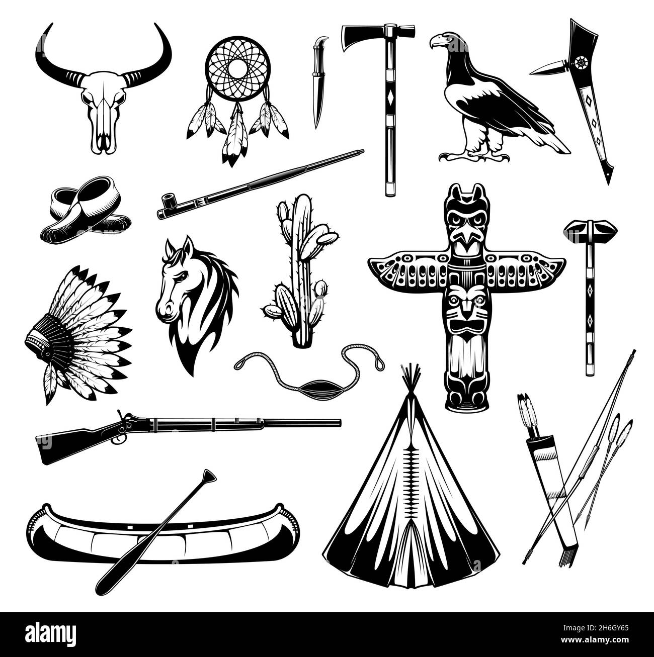 Indianische Ureinwohner Gegenstände und Waffen-Ikonen, Vektor-Stammessymbole. Amerikanisch-indischer Tomahawk und Kanuboot, Apache Chief Feather Kopfschmuck und tot Stock Vektor