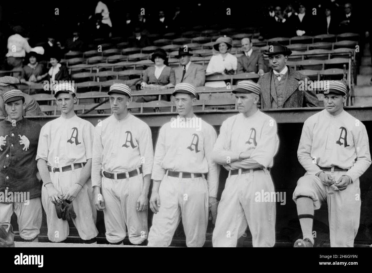 William John Orr, Herbert Jefferis Pennock, John weldon Wyckoff, Leslie Ambrosius Bush, James Robert Shawkey, Amos Aaron Strunk, Philadelphia 1914. Stockfoto